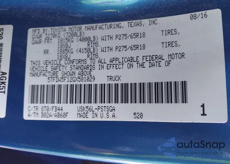 2016 Toyota Tundra Sr5 5.7L V8 from USA, damaged, VIN 5TFDW5F12GX581029